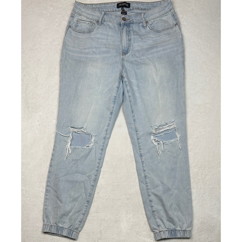Sound Style Womens Light Wash Distressed Denim Joggers Size 12 High Rise Ripped